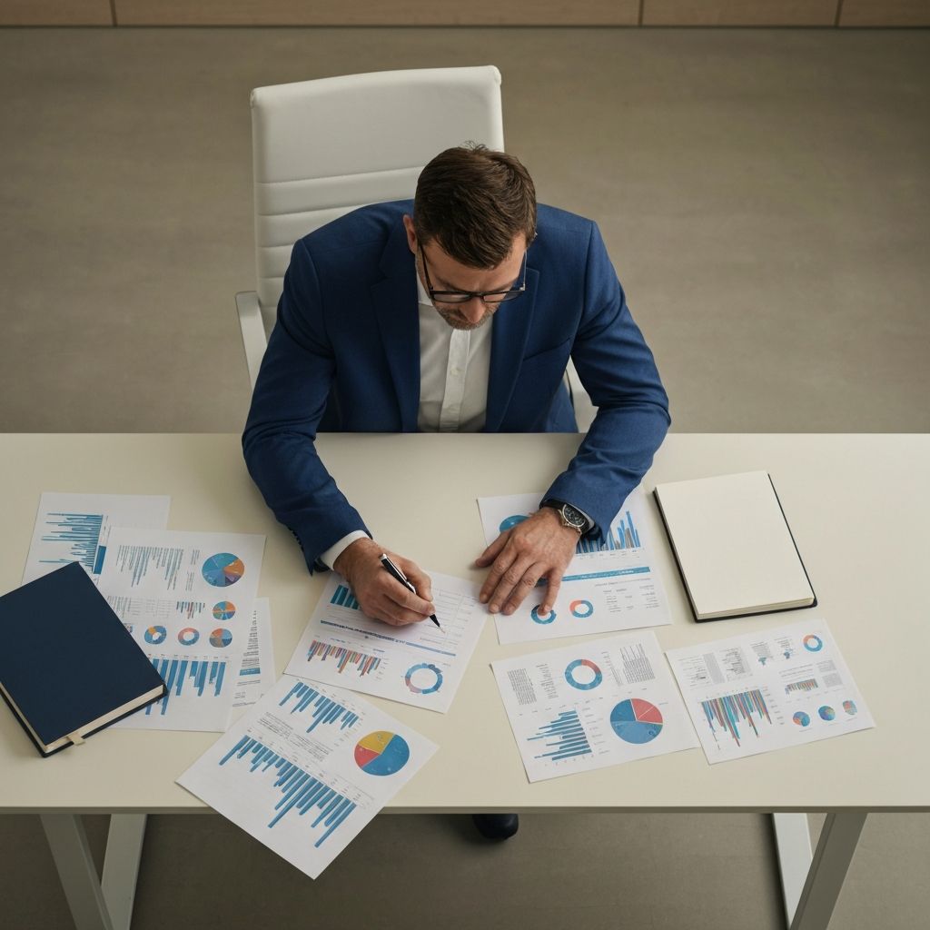 Professionista che analizza documenti di pianificazione strategica su una scrivania