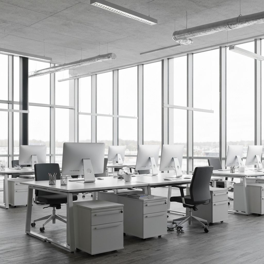 Interno di un ufficio moderno con grandi finestre, ambiente professionale e neutro