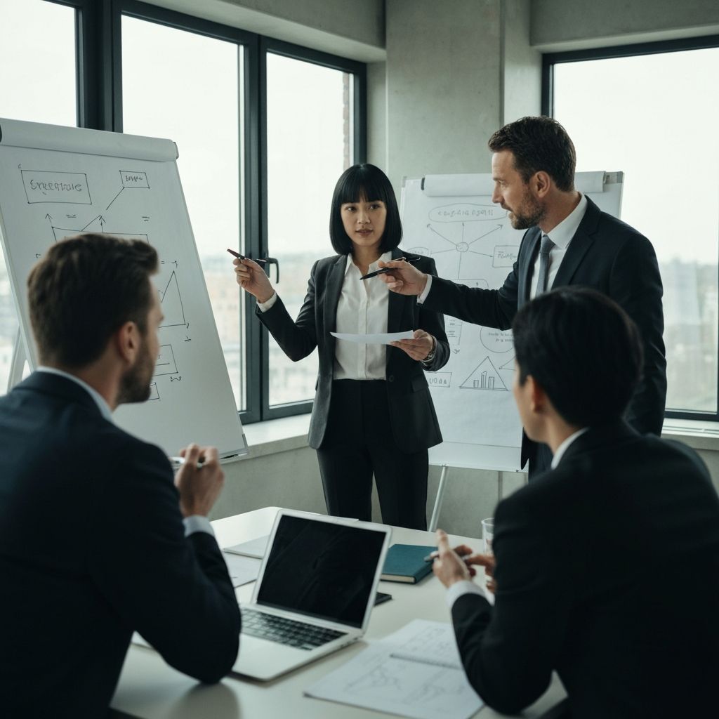 Sessione di lavoro su framework strategici in una sala riunioni professionale